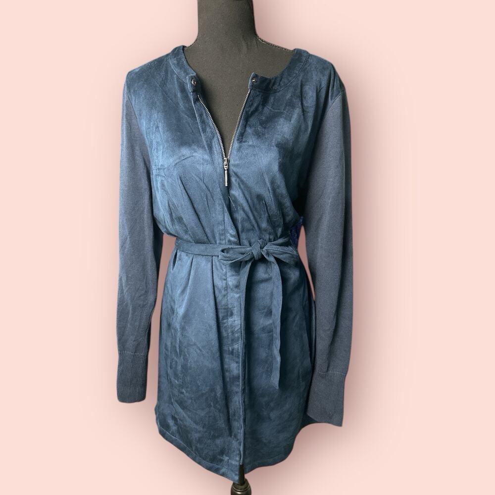 H By Halston Faux Suede Jacket Sweater Sleeves Blue 18W Women Plus Size Belted